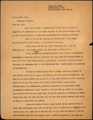 Bartolomeo Vanzetti typed letter (copy) to Henry Ford, [Charlestown], 1927 August 21