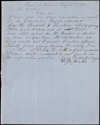 W. J. Martin, New Orleans, autograph letter signed to Ziba B. Oakes, 15 May 1854