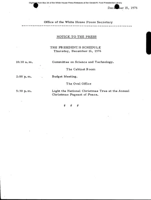 President's Schedule, Thursday, December 16, 1976