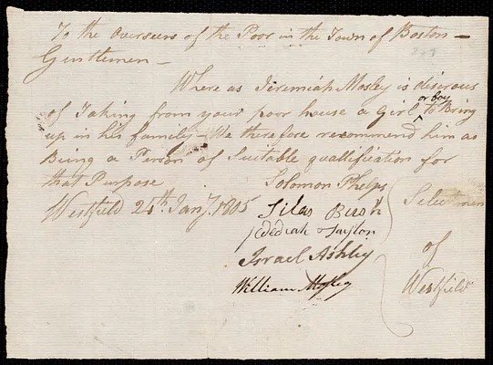 Josiah Swan indentured to apprentice with Jeremiah Mosley of Westfield, 5 February 1805