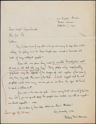 Mildred Fish Harnack autograph letter signed to Sacco-Vanzetti Defense Committee, Madison, Wis., September 7, 1927