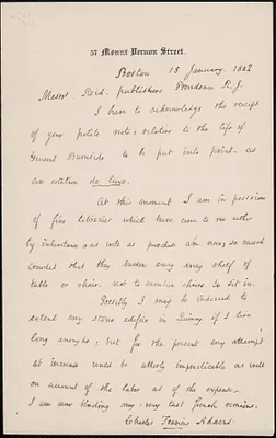 Letter from Charles Francis Adams to Messrs. Reid publishers, Providence, 1882 January 15