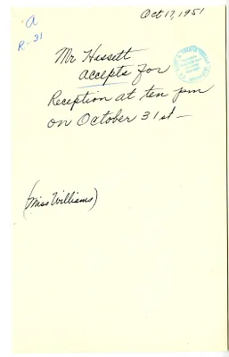 Invitation Reply from William D. Hassett to the White House Social Office