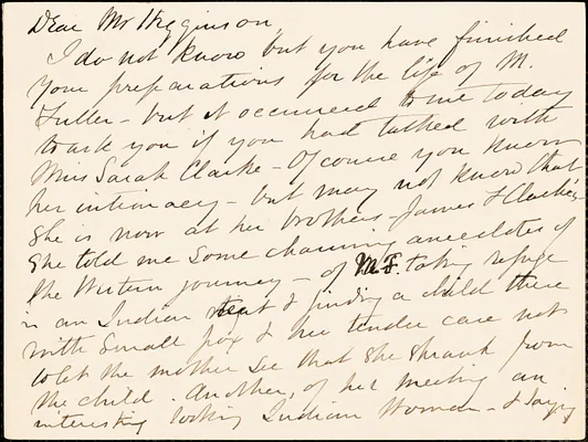 Edna Dow Littlehale Cheney autograph note signed to Thomas Wentworth Higginson, Jamaica Plain, Mass., 12 November 1883