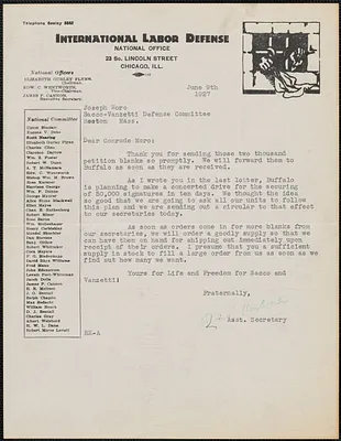 Rose Karsner (International Labor Defense) typed letter signed to Joseph Moro, Chicago, Ill., June 9, 1927