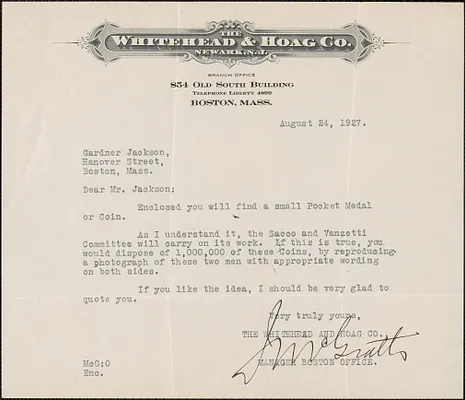 J. McGrath (The Whitehead and Hoag Co.) typed note signed to Gardner Jackson, Boston, Mass, August 24, 1927