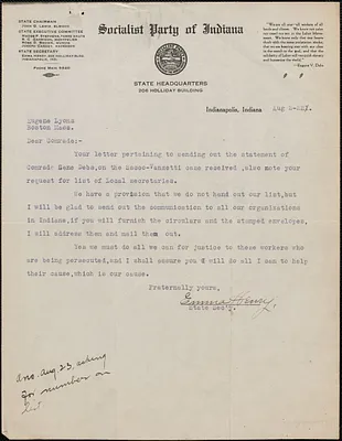 Emma Henry (Socialist Party of Indiana) typed letter signed to Eugene Lyons, Indianapolis, Ind., August 2, 1922