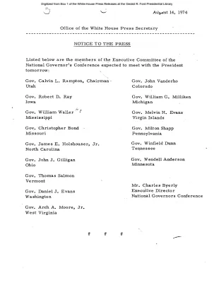 Members of Executive Committee of the National Governor's Conference to meet with the President [Notice to Press]
