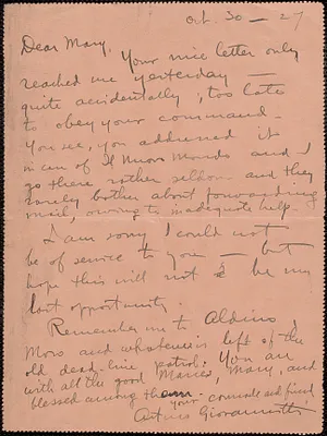 Arturo Giovannitti autograph letter signed. to Mary Donovan, New York, N. Y., October 30, 1927