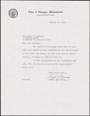 Letter from Hazel J. Murray, on behalf of the Selectmen, to Edwin B. Worthen, October 29, 1946