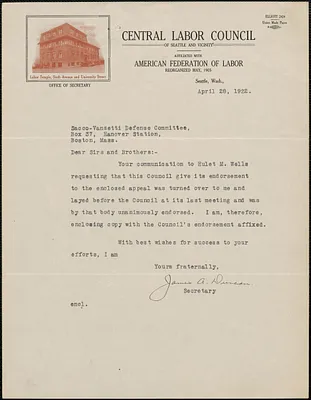 James A. Duncan (Central Labor Council of Seattle and Vicinity), typed letter signed to Sacco-Vanzetti Defense Committee; Seattle, Wash., April 28, 1922