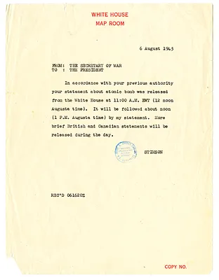 White House Map Room Message from Secretary of War Henry Stimson to President Harry S. Truman