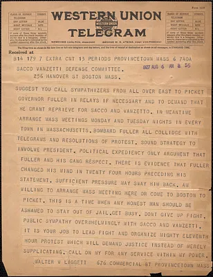 Walter W. Liggett telegram to Sacco-Vanzetti Defense Committee, Provincetown, Mass., August 6, 1927