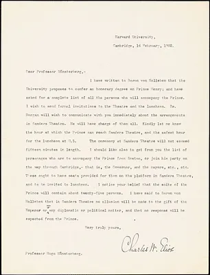 Eliot, Charles William, 1834-1926 typed letter signed to Hugo Münsterberg, Cambridge, Mass., 14 February 1902