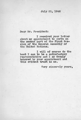 Letter from Eleanor Roosevelt to Harry S. Truman