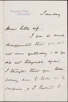 [John Biddulph Martin] autograph note signed to [Victoria Woodhull Martin], Tewkesbury, [England], approximately 1883-1897