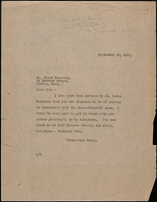 [Frank R. Lopez?, Eugene Lyons?] typed note (copy) to Frank Franzosa, Boston, Mass., September 20, 1921