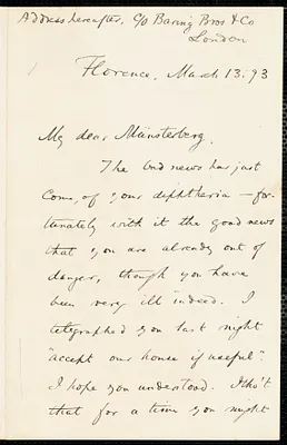 James, William, 1842-1910 autograph letter signed to Hugo Münsterberg, Florence, Italy, 13 March 1893