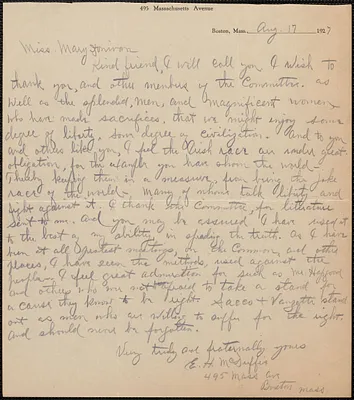 E. H. McDuffie autograph letter signed to Mary Donovan, Boston, Mass., August 17, 1923