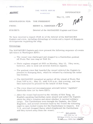 Memorandum Regarding Debrief of the Mayaguez Captain and Crew
