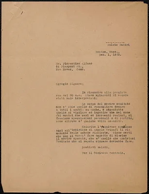 Amleto Fabbri (Sacco-Vanzetti Defense Committee) typed letter, in Italian, to Florentino Alfano, Boston, Mass., December 1, 1925