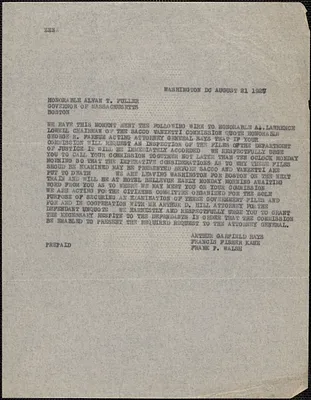 Arthur G. Hays et al telegram (copy) to Alvan T. Fuller, Washington, D. C., August 21, 1927