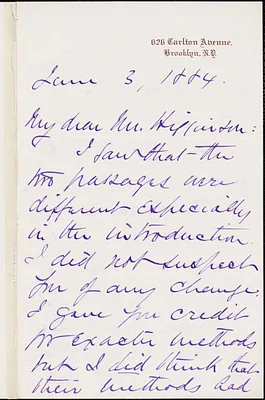 John Chadwick autograph letter signed to Thomas Wentworth Higginson. Brooklyn, 3 June 1884