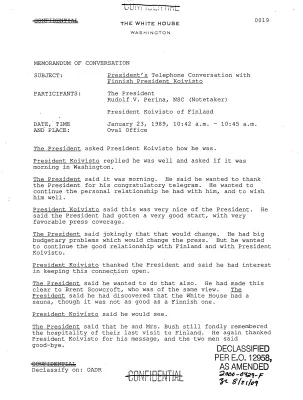 President's Telephone Conversation with Finnish President Koivisto, January 23, 1989