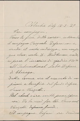 Luigi Acitelli autograph letter signed, in Italian, to Sacco-Vanzetti Defense Committee, Atlantic City, N.J., February 12, 1927