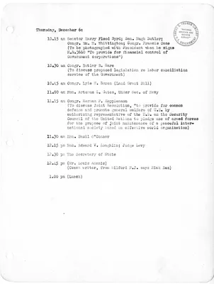 Daily Appointment Sheet for President Harry S. Truman
