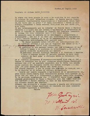 Felice Guadagni typed letter signed, in Italian, to Sacco-Vanzetti Defense Committee, Boston. Mass., July 20, 1923