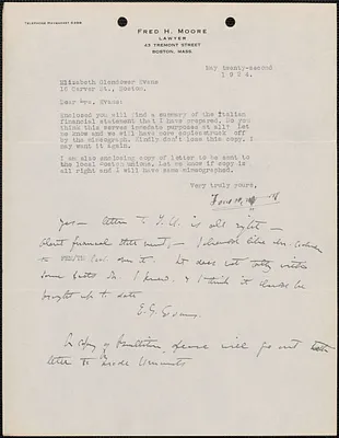 Fred H. Moore typed letter signed to Elizabeth Glendower Evans, Boston, Mass., May 22, 1924