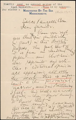 Blanche Watson autograph letter signed to Sacco-Vanzetti Defense Committee, Manchester-By-The-Sea, Mass., [Winter 1927?]