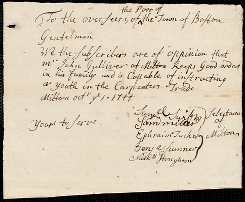 George Saunders indentured to apprentice with John Gulliver of Milton, 3 October 1744