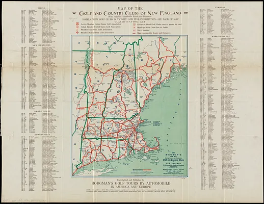 Hodgman's new map showing location and classification golf and country clubs of New England with automobile roads and distances