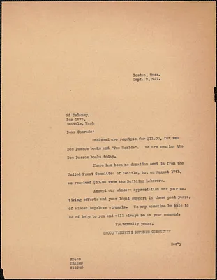 Mary Donovan (Sacco-Vanzetti Defense Committee) typed letter (copy) to Ed Delaney (Washington Branch, General Defense Committee), Boston, Mass., September 9, 1927
