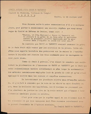 Comité Suisse pour Sacco et Vanzetti typed handbill, in French, Geneva, Switzerland, July 22 1927