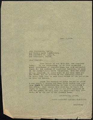 Sacco-Vanzetti Defense Committee typed letter (copy) to Anna Cornblath (Sacco-Vanzetti United Labor Conference, San Francisco), Boston, Mass., November 2, 1926