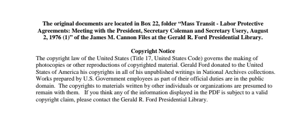 Mass Transit - Labor Protective Agreements: Meeting with the President, Secretary Coleman and Secretary Usery, August 2, 1976 (1)
