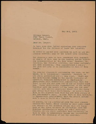 Sacco-Vanzetti Defense Committee typed letter (copy) to William Dryer, Boston, Mass., May 2, 1923
