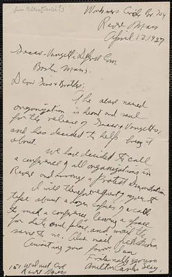 Milton Carter (Workmen's Circle) autograph letter signed to Sacco-Vanzetti Defense Committee. Revere, Mass., April 12, 1927