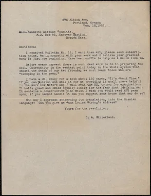 C. A. Strickland typed letter to Sacco-Vanzetti Defense Committee, Portland, Ore., December 12, 1927
