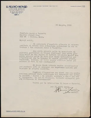 Il Nuove Mondo typed letter signed to Sacco-Vanzetti Defense Committee, in Italian, New York, N.Y., May 28, 1926