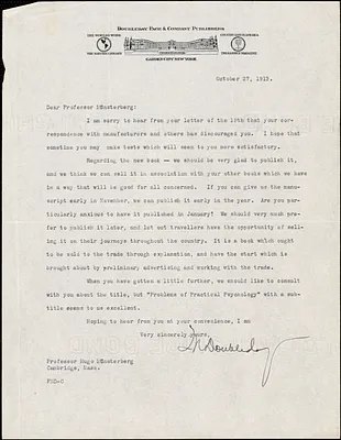 Doubleday, Frank Nelson, 1862-1934 typed letter signed to Hugo Münsterberg, Garden City, N. Y., 27 October 1913