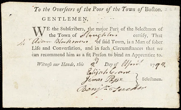 John Battist indentured to apprentice with Adam Blackman of Stoughton, 4 April 1792