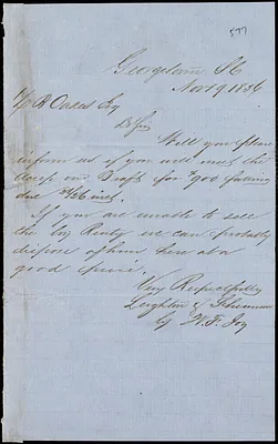 Leighton & Sherman (W.F. Joy), Georgetown, manuscript note signed to Ziba B. Oakes, 19 November 1856