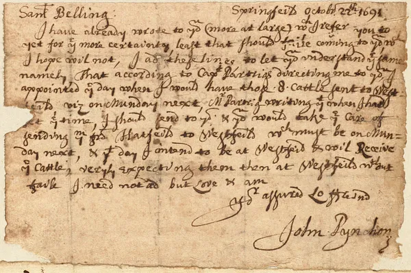 Letter to Sam Belling from John Pynchon in Springfield, Oct. 22, 1691