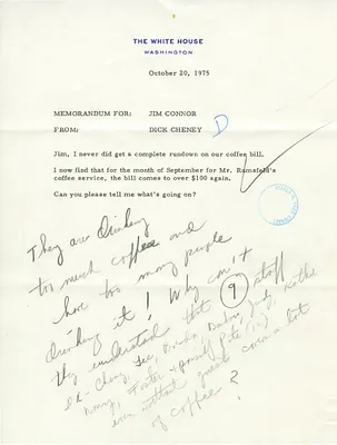 Memorandum from Dick Cheney to Jim Connor Regarding the Coffee Bill for White House Chief of Staff Donald Rumsfeld's Office