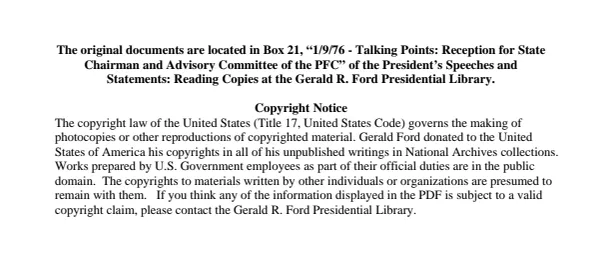1/9/76 - Talking Points: Reception for State Chairman and Advisory Committee of the PFC