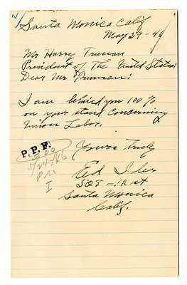 Letter from Ed Iler to President Harry S. Truman